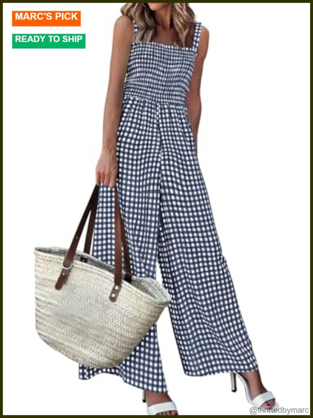 Women's Gingham Wide Leg Jumpsuit Smocked Sleeveless Romper